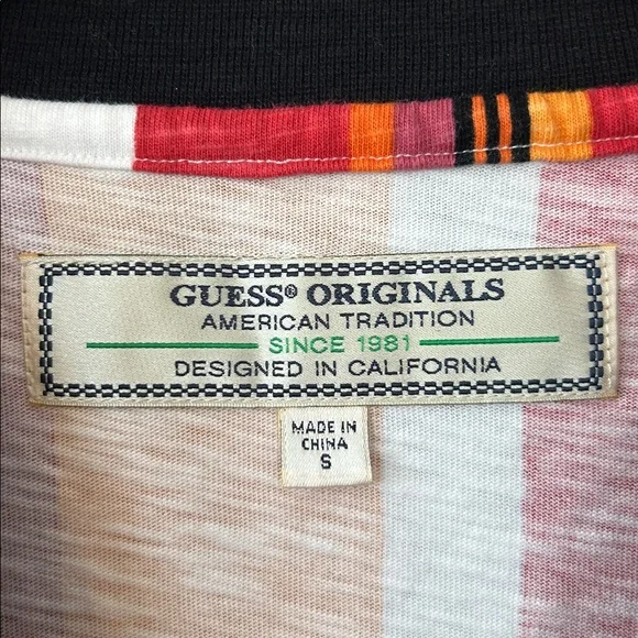 Guess Men’s‎ Multicolor Striped Tee Size Small Red Orange Pink White Black - Picture 5 of 7